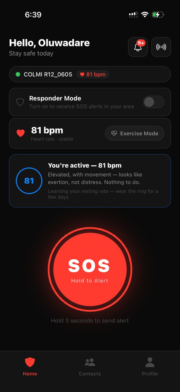 Safe-Alert home with SOS button and body-signal reading